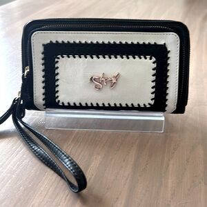 Sharif EUC Double Zip Compartment Wristlet/Wallet with Stitching front Detail